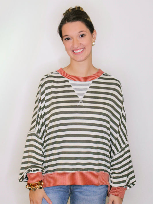 Brady Striped Knit Top | Olive/Rust