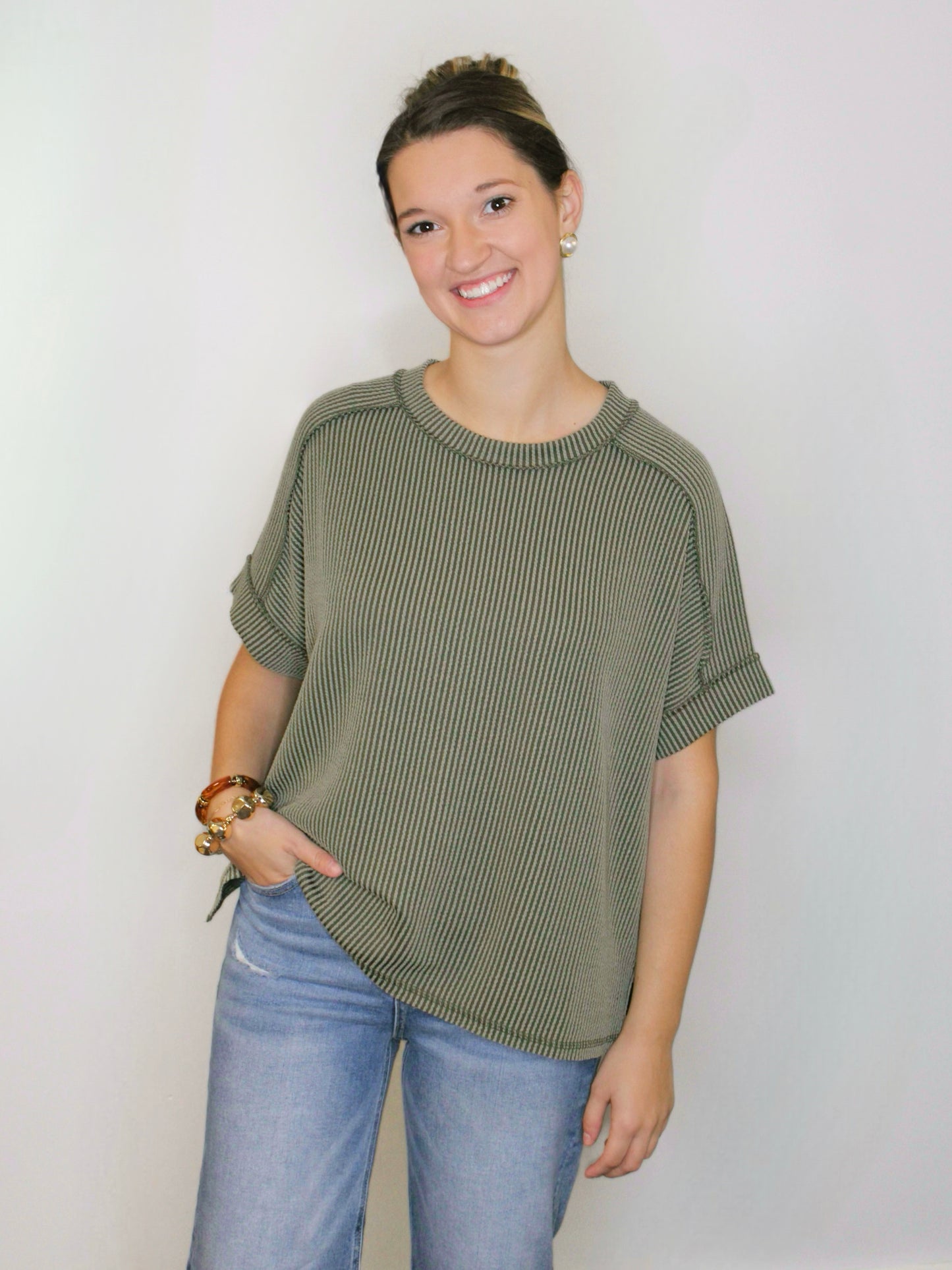 Jessie Ribbed Cuff Sleeve Top | Olive