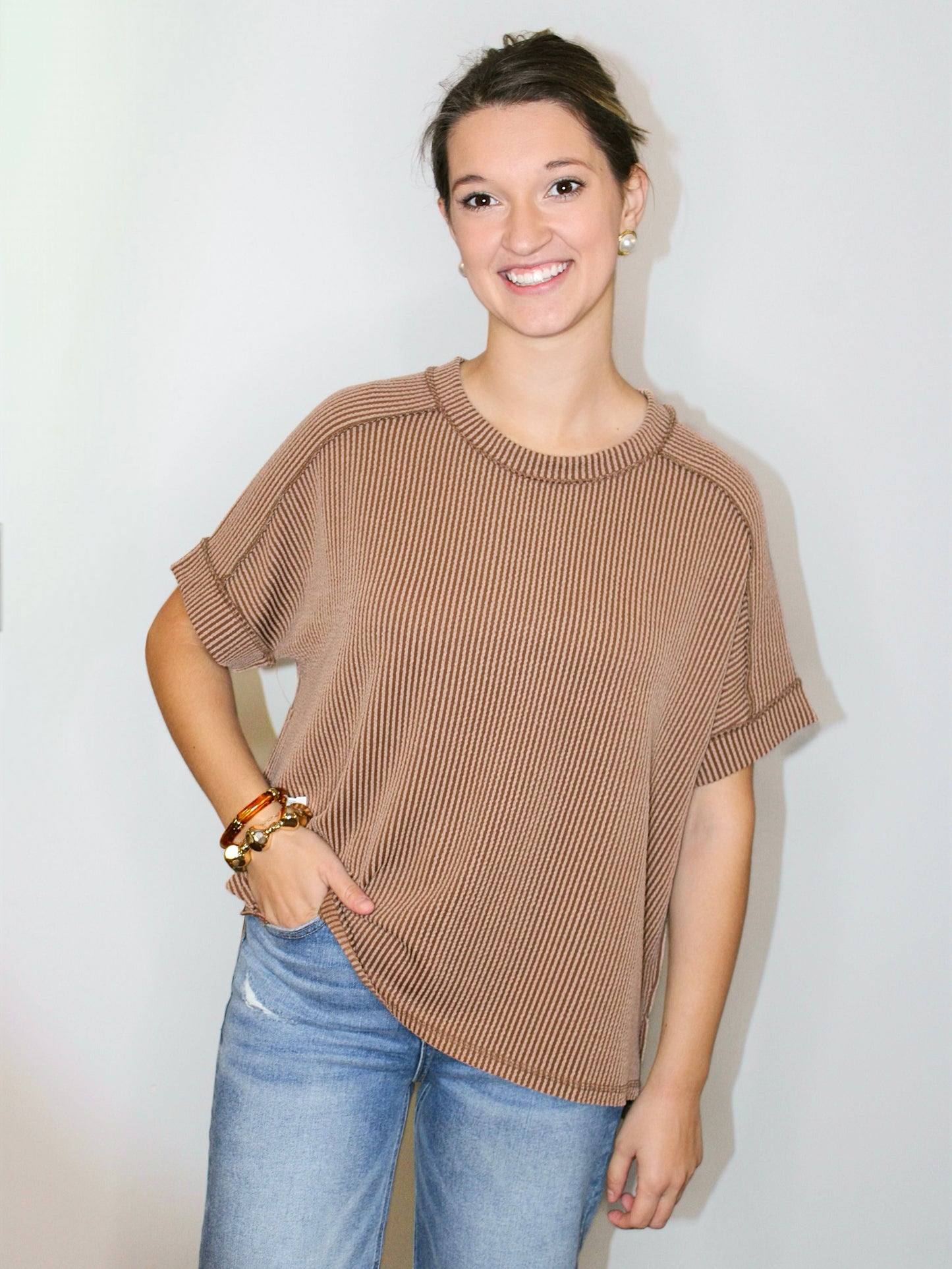 Jessie Ribbed Cuff Sleeve Top | Brown