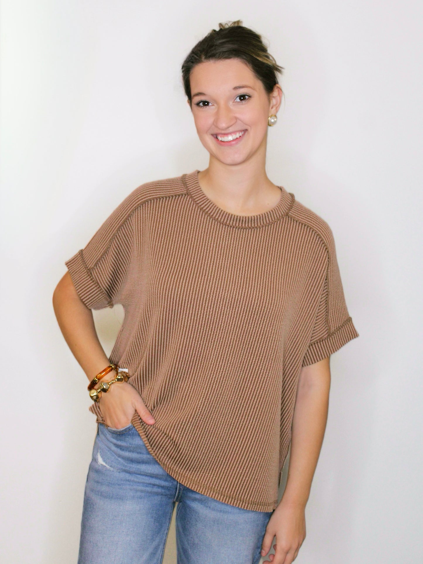 Jessie Ribbed Cuff Sleeve Top | Brown