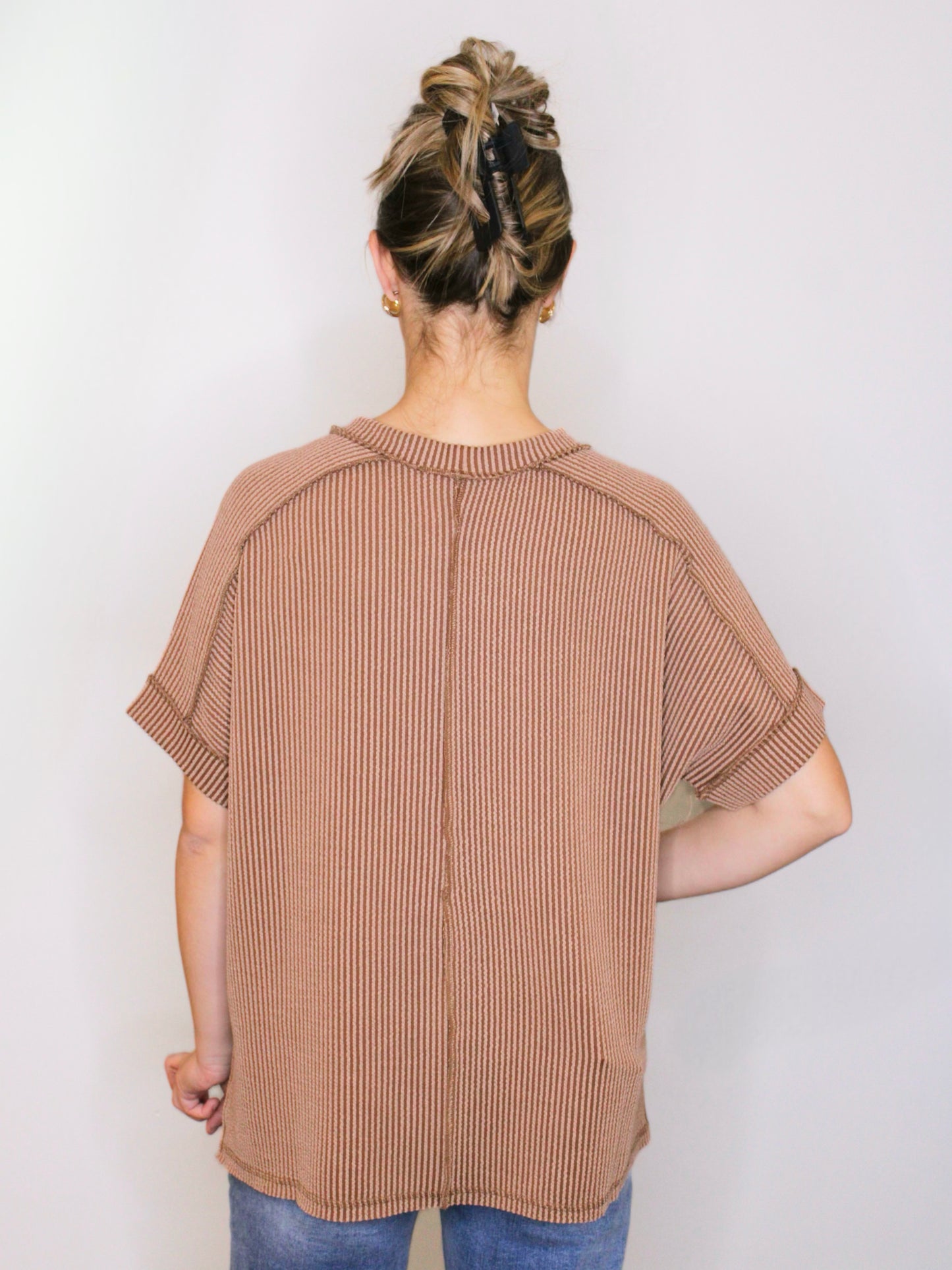 Jessie Ribbed Cuff Sleeve Top | Brown