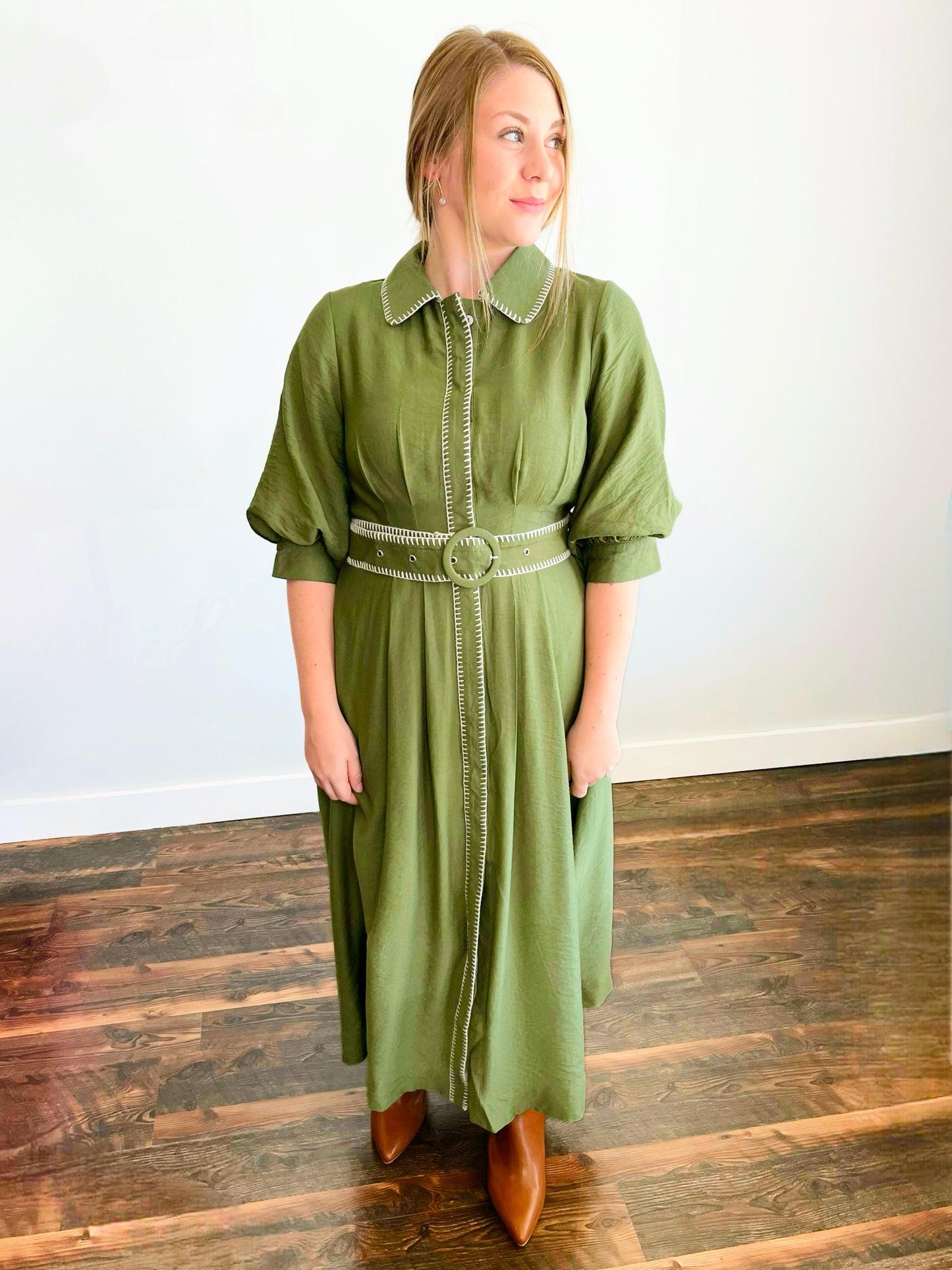 Frances Embroidered Blanket Stitch Midi Dress