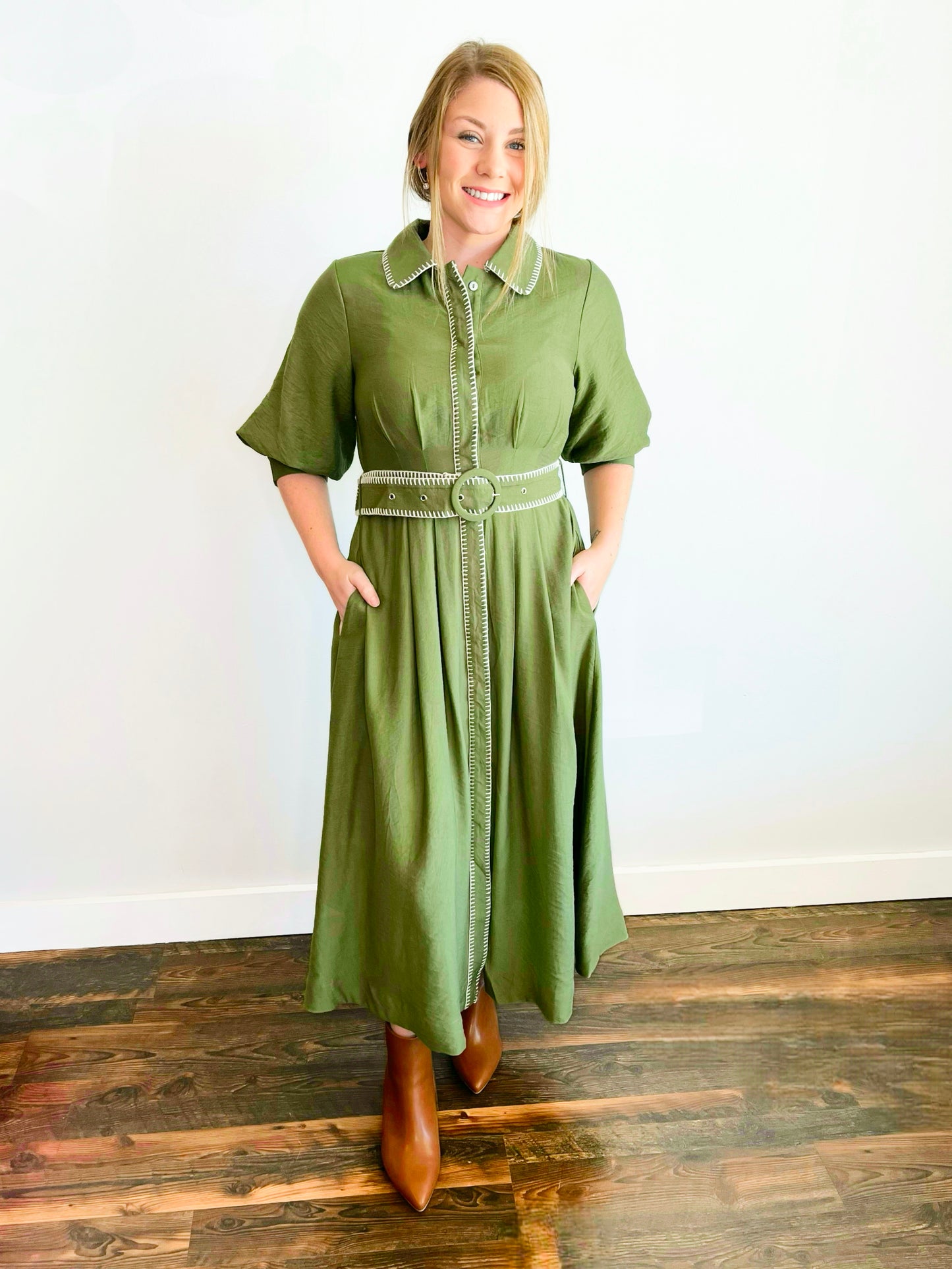 Frances Embroidered Blanket Stitch Midi Dress