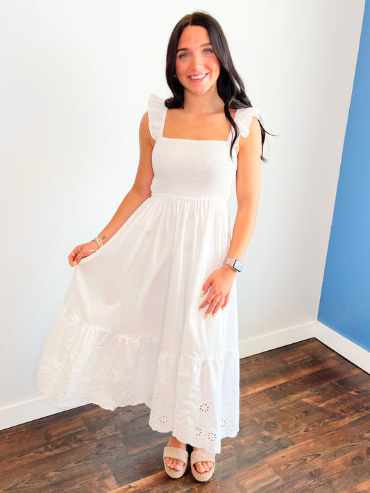 Clarice Smocked Eyelet Hem Midi Dress