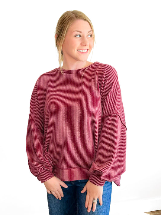 Bella Ribbed Knit Top | Wine