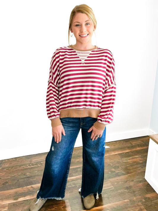 Brady Striped Knit Top | Burgundy/Taupe