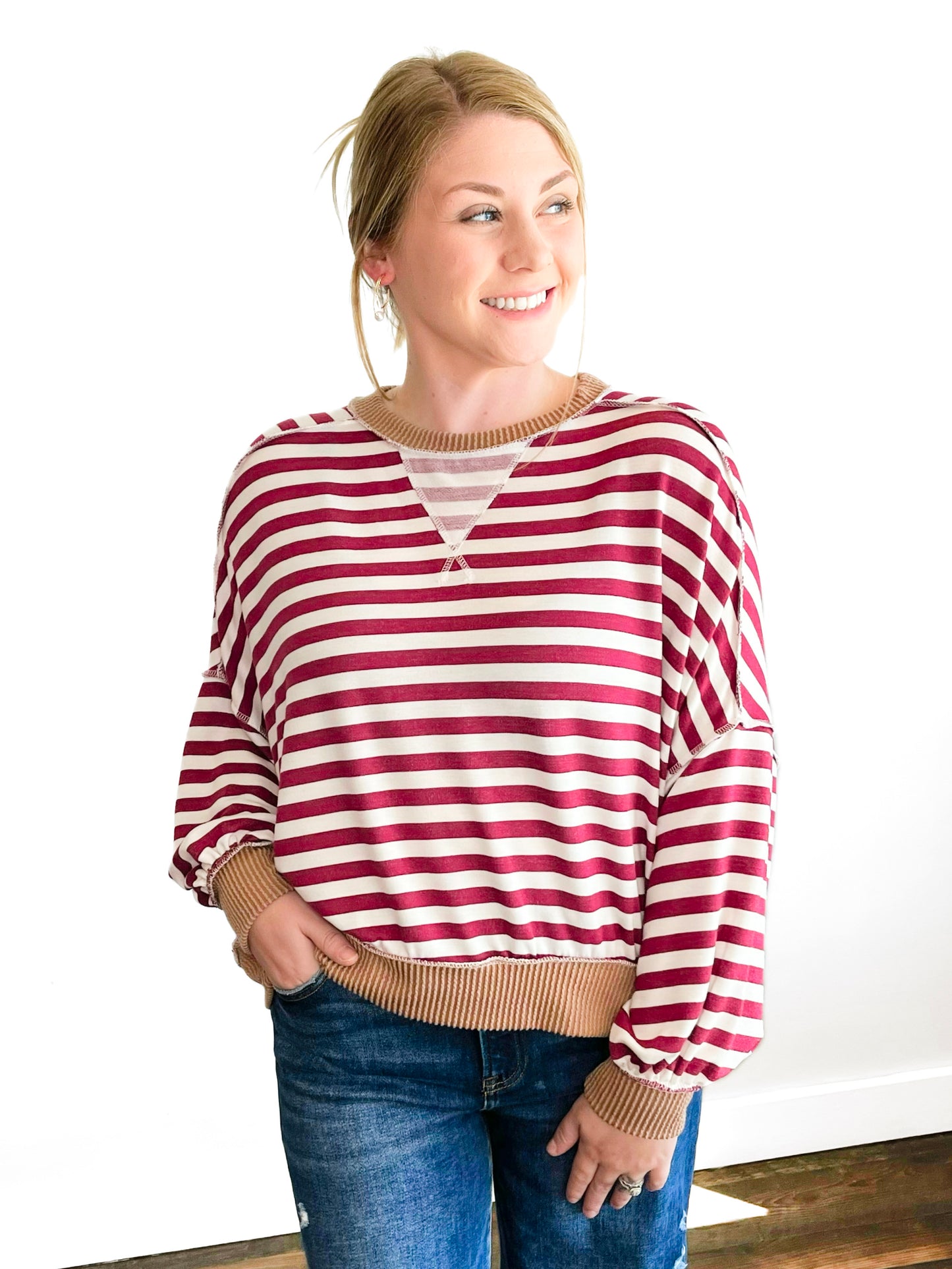 Brady Striped Knit Top | Burgundy/Taupe