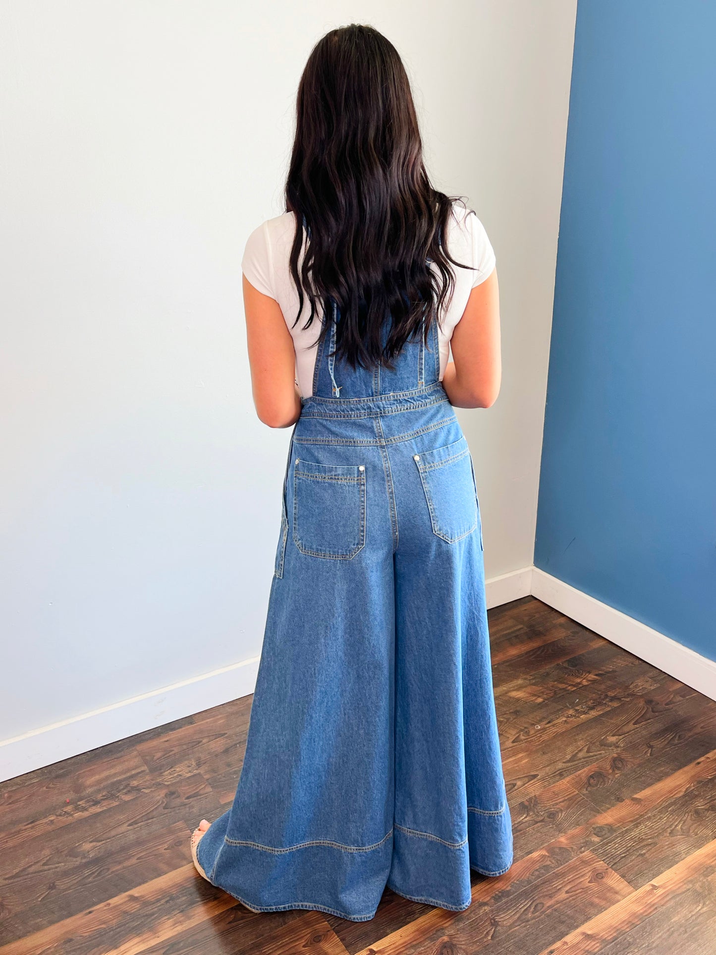 Cora Wide Leg Denim Overall Jumpsuit