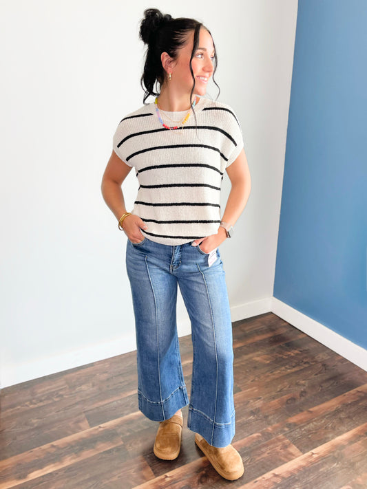 Jessa Striped Lightweight Sweater Top | Ivory/Black