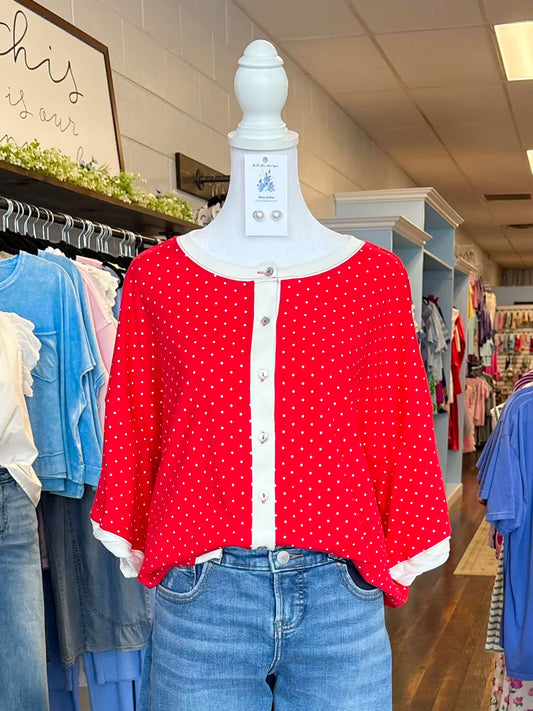 Dallas Polka Dot Knit Button Up Top | Red