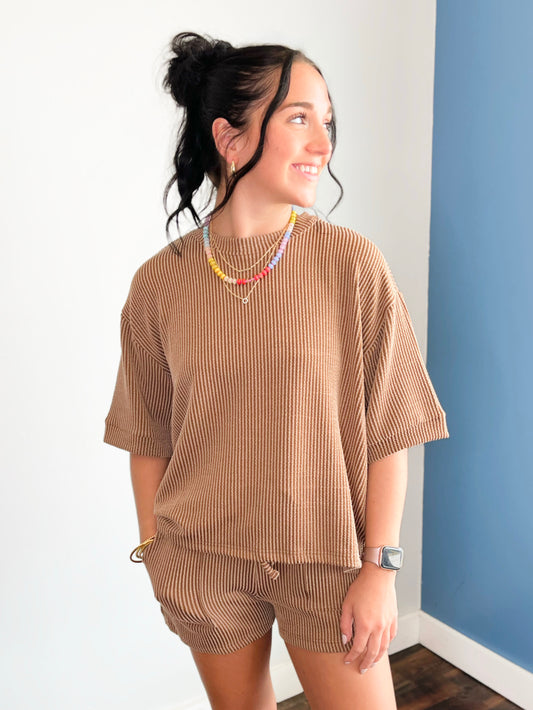 Wren Ribbed Short Set | Deep Camel