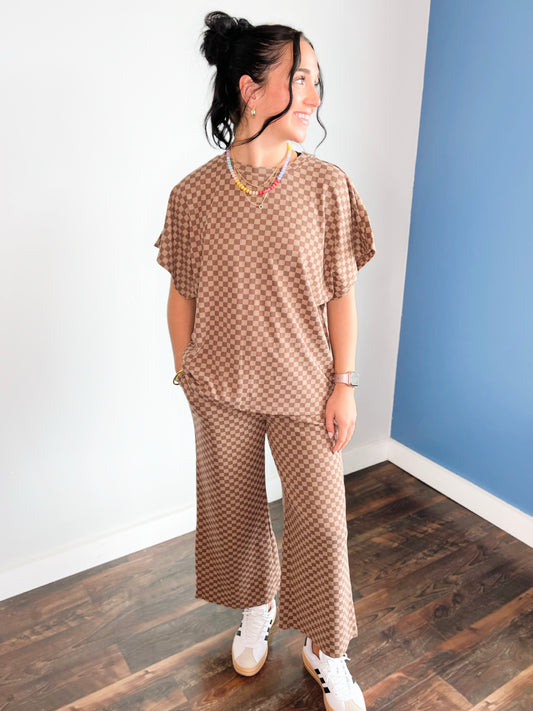 Spencer Checkered Jersey Knit Set | Brown