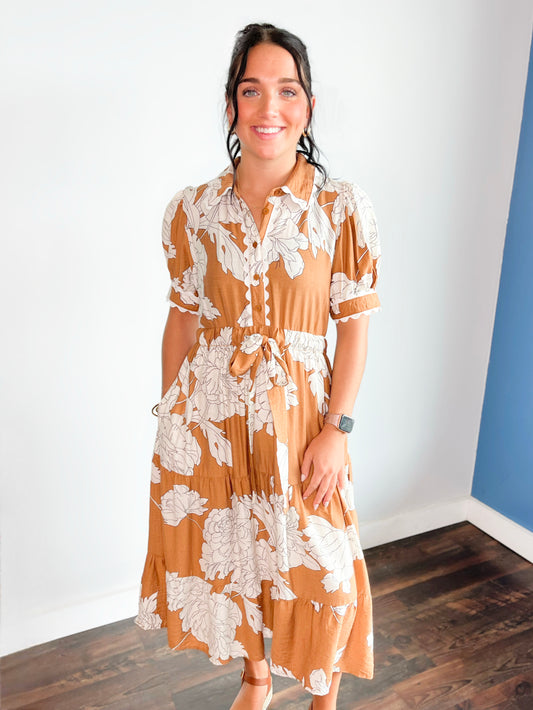 Brenda Floral Tie Waist Dress | Taupe