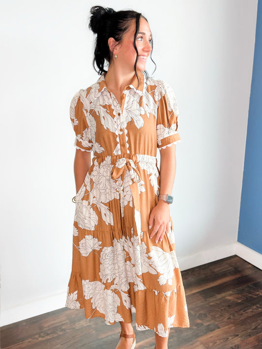 Brenda Floral Tie Waist Dress | Taupe