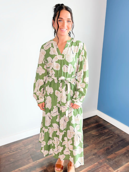 Frannie Floral Tie Waist Midi Dress | Green