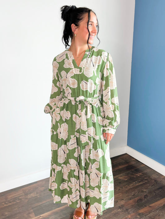 Frannie Floral Tie Waist Midi Dress | Green