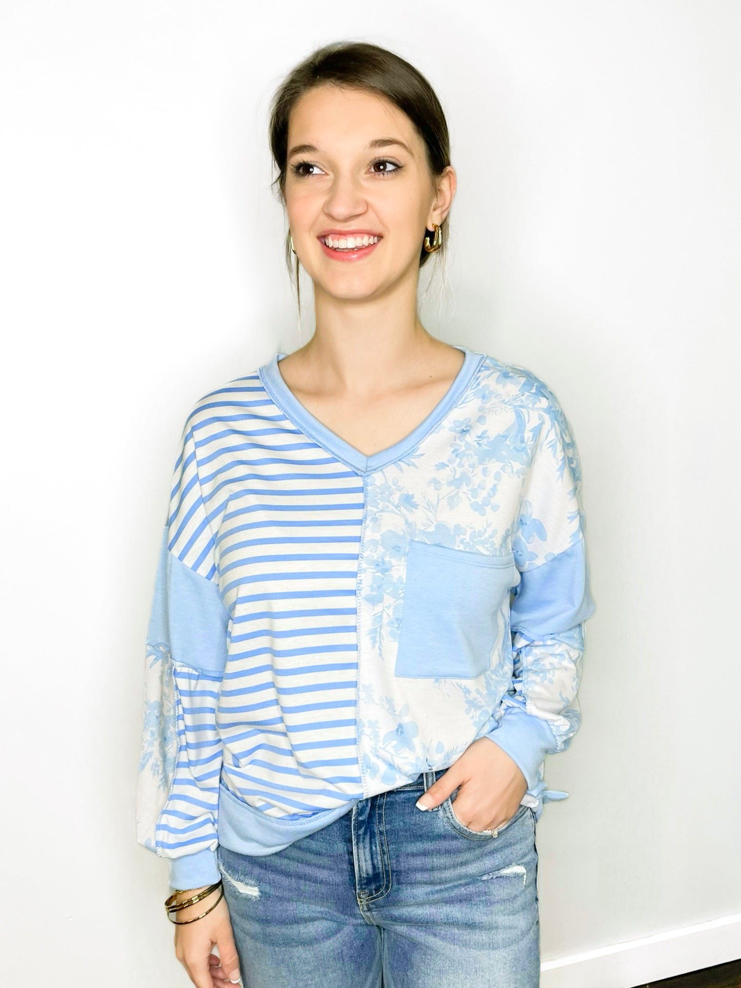 Selena Floral and Stripe Color Block Top