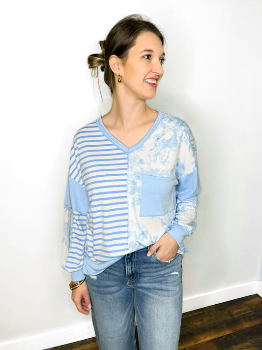 Selena Floral and Stripe Color Block Top