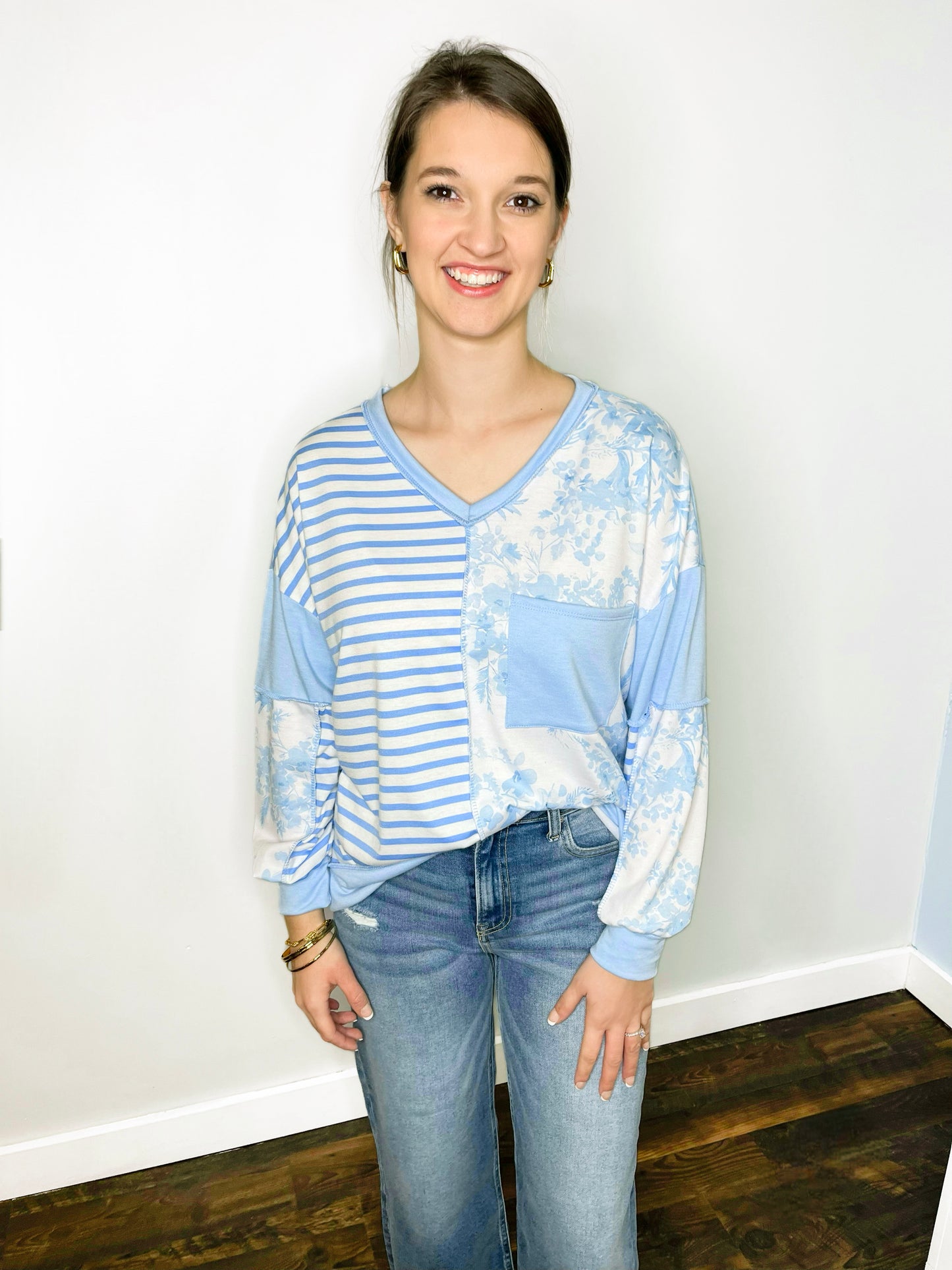 Selena Floral and Stripe Color Block Top