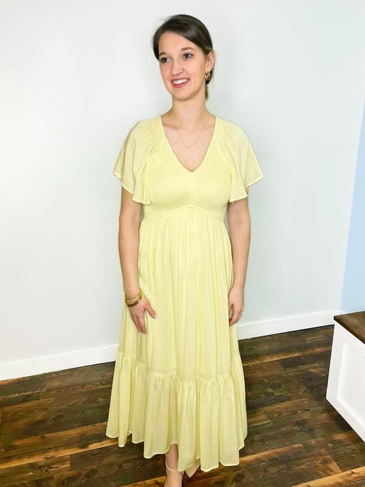 Tanya Smocked Flutter Sleeve Dress | Lemon Water
