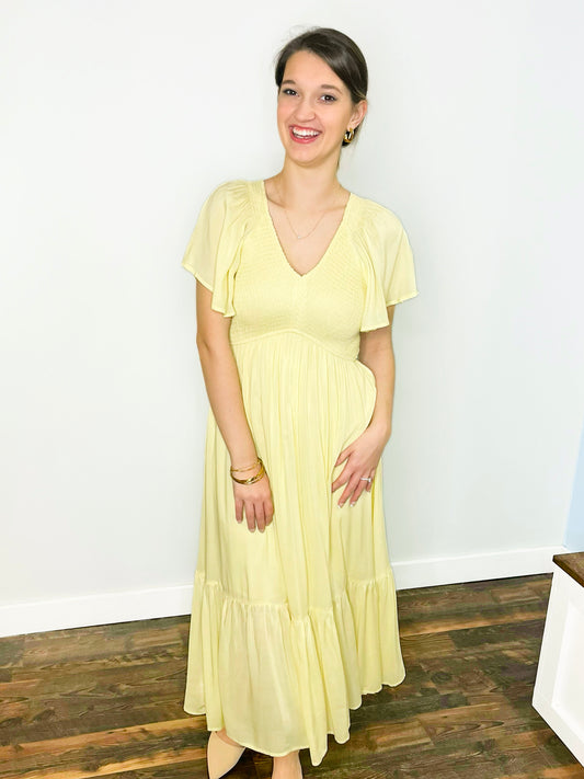 Tanya Smocked Flutter Sleeve Dress | Lemon Water