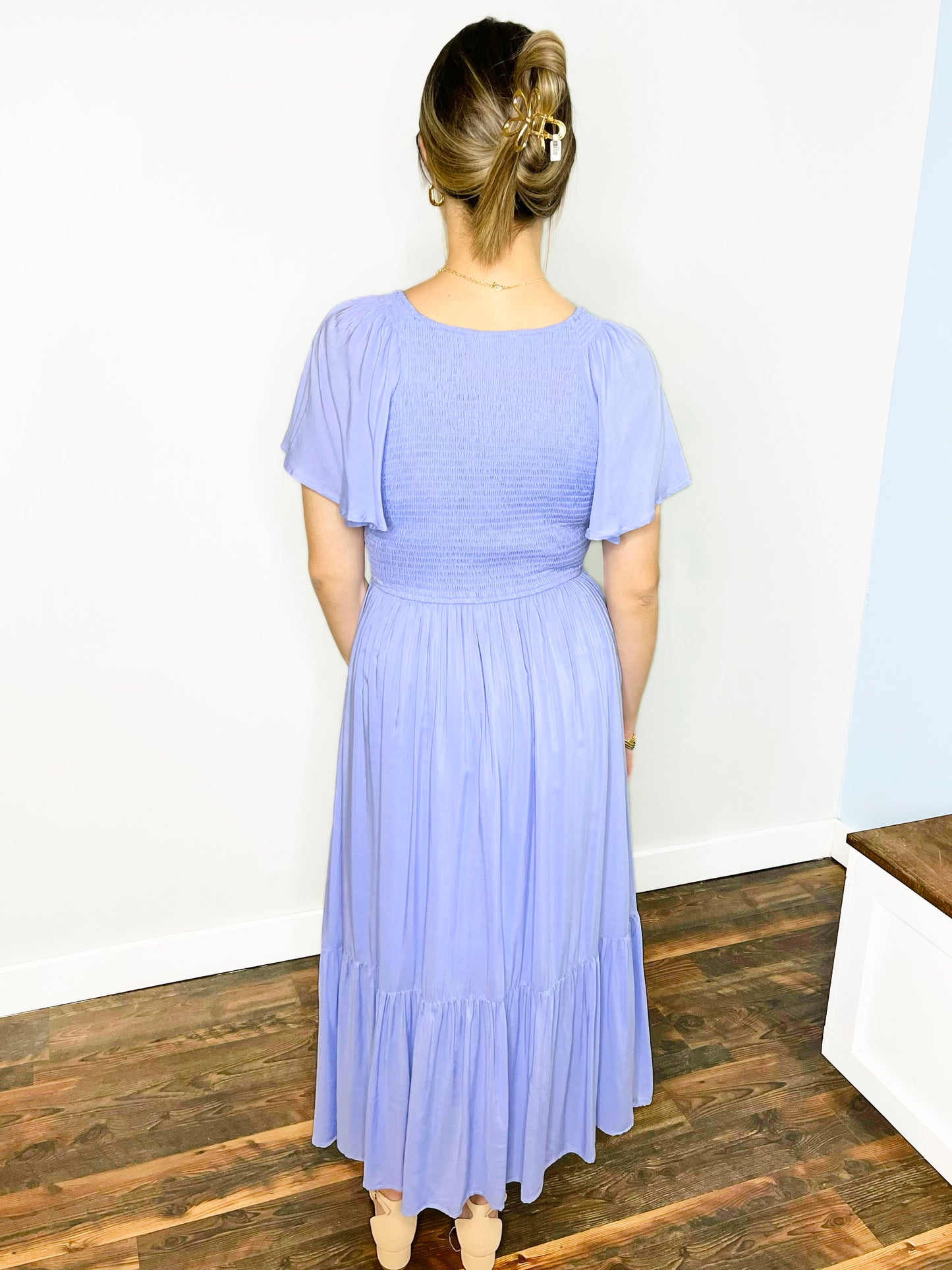 Tanya Smocked Flutter Sleeve Dress | Blue Aura