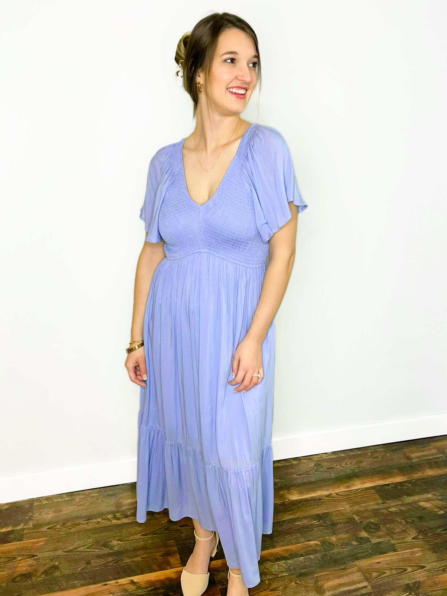 Tanya Smocked Flutter Sleeve Dress | Blue Aura