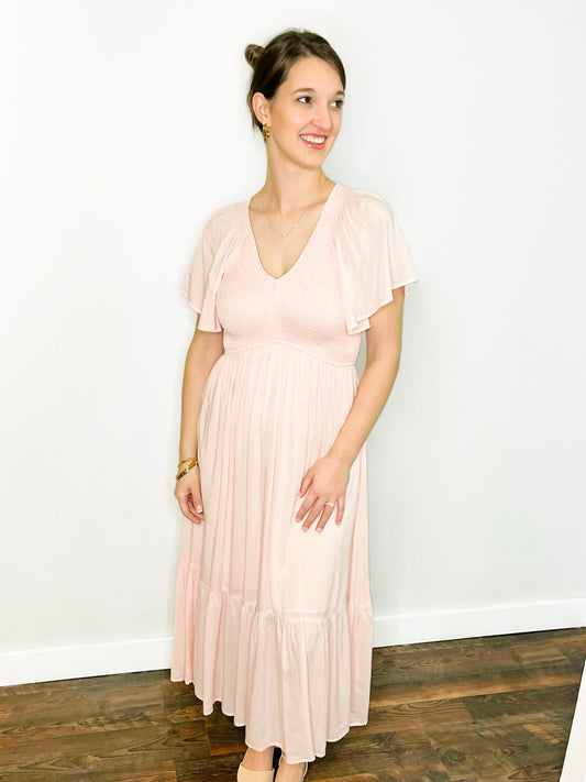 Tanya Smocked Flutter Sleeve Dress | Pale Pink