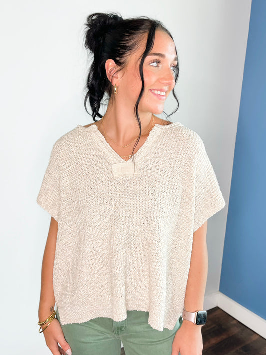 Gracie Split Neck Knit Pullover | Sand Beige