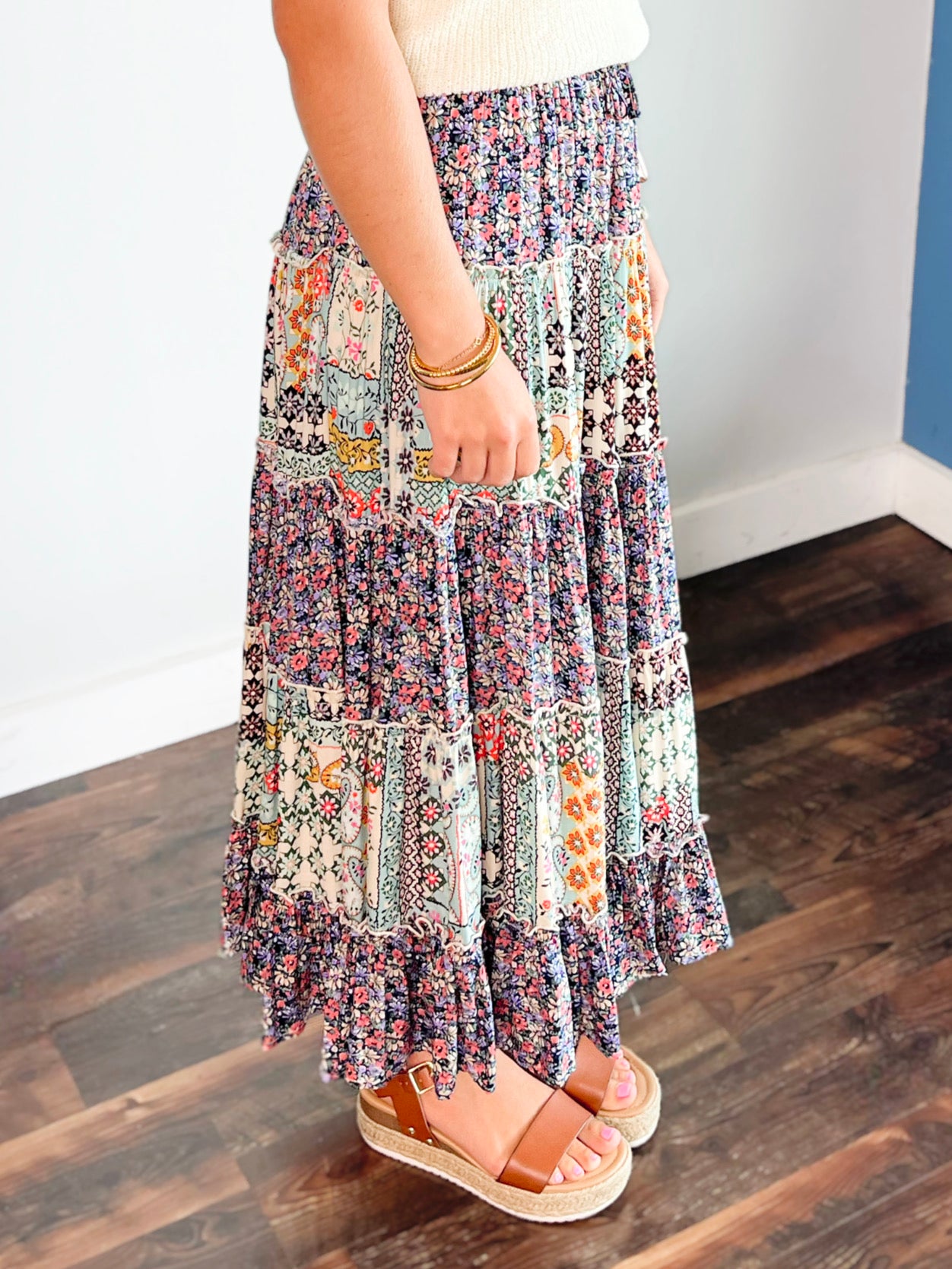 Katherine Printed Tiered Maxi Skirt | Navy