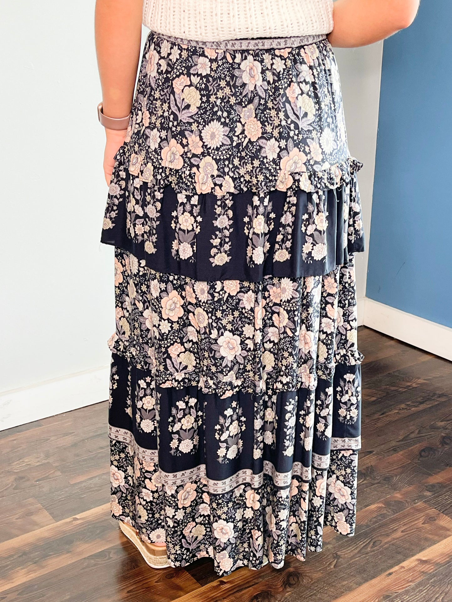 Mazi Printed Ruffled Tiered Midi Skirt