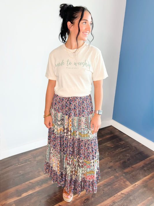 Katherine Printed Tiered Maxi Skirt | Navy