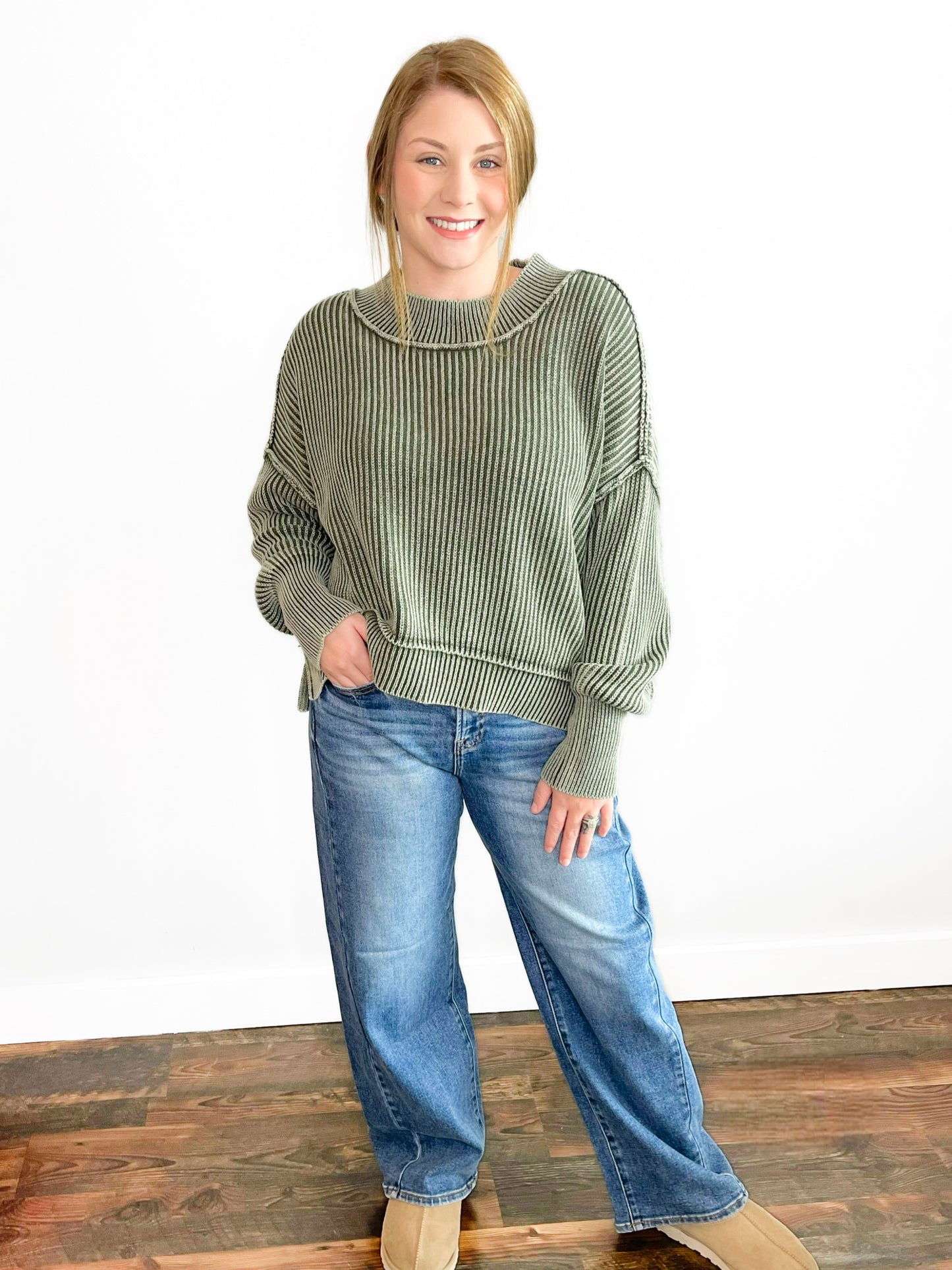 Eloise Washed Oversized Boxy Sweater | Dark Olive